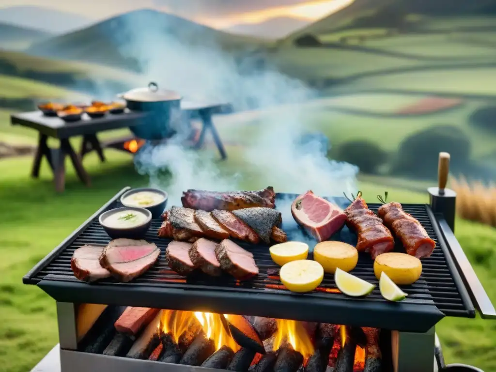 Una escena cálida de la historia del asado uruguayo: amigos y familia cocinan en una parrilla al aire libre, en un paisaje campestre verde con colinas