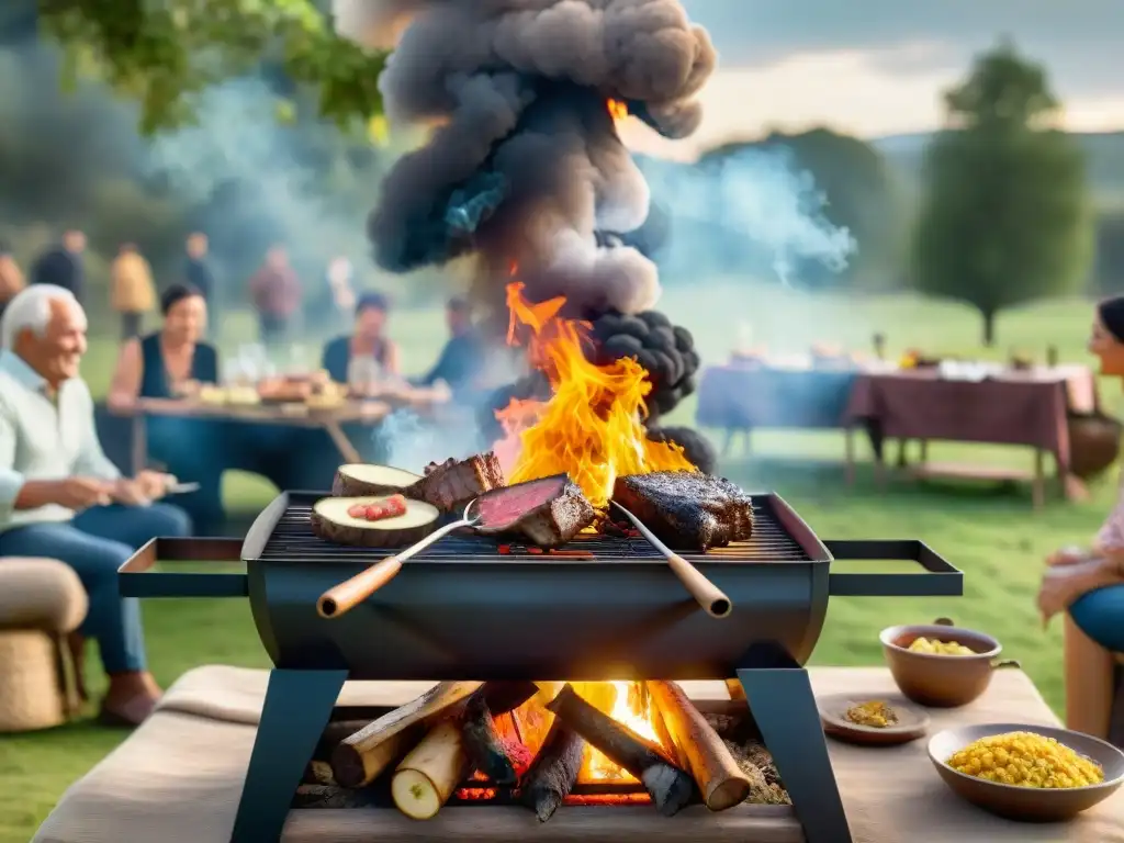 Una escena campestre con amigos reunidos alrededor de una parrillada uruguaya tradicional, en un ambiente cálido y acogedor