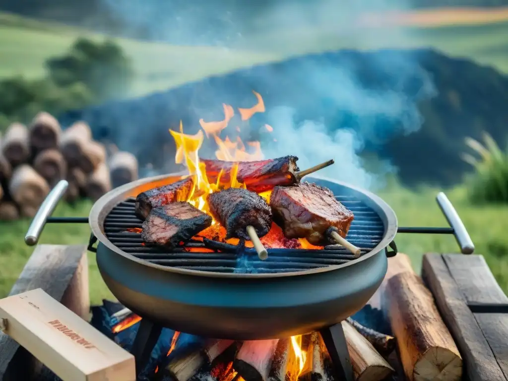 Una escena campestre uruguaya con un asado tradicional rodeado de exuberante vegetación y cielo azul brillante