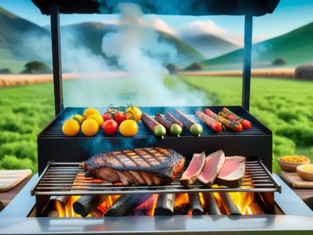 Escena campestre: asado uruguayo con ingredientes orgánicos bajo cielo azul y pastos verdes vibrantes