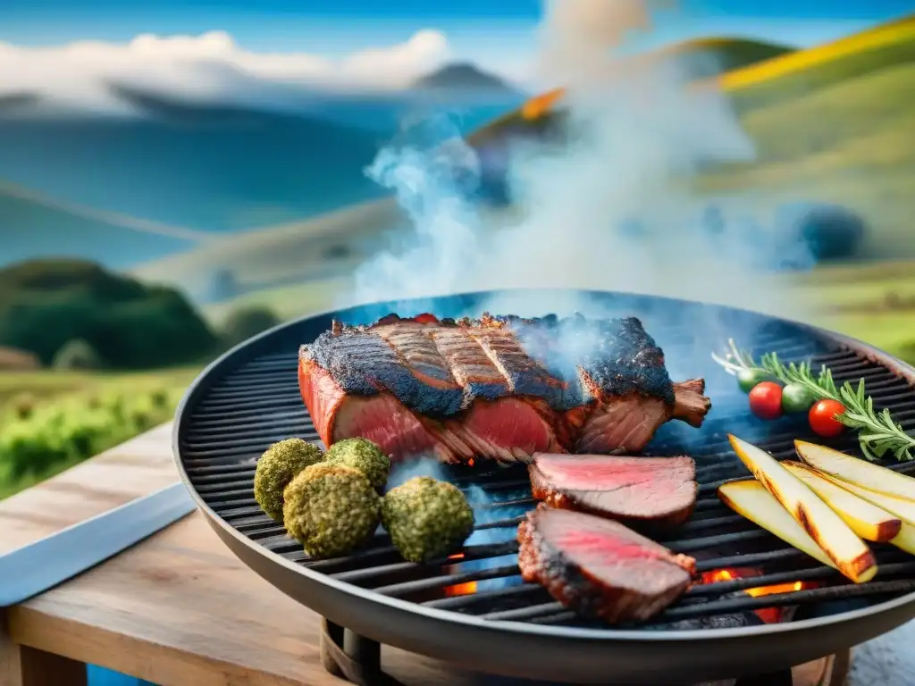 Escena campestre: asado uruguayo al aire libre con carne, chimichurri y vino Tannat