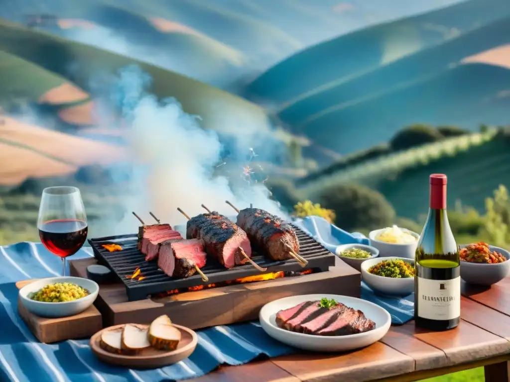 Escena campestre de un asado uruguayo tradicional con maridaje de vinos, rodeado de naturaleza y gauchos