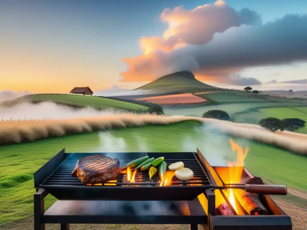 Escena campestre uruguaya al atardecer con parrilla lista para asado