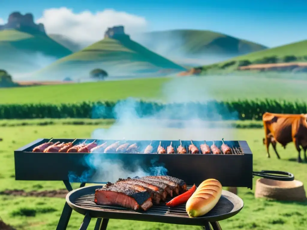 Escena campestre uruguaya con carne asado sostenible en familia bajo cielo azul