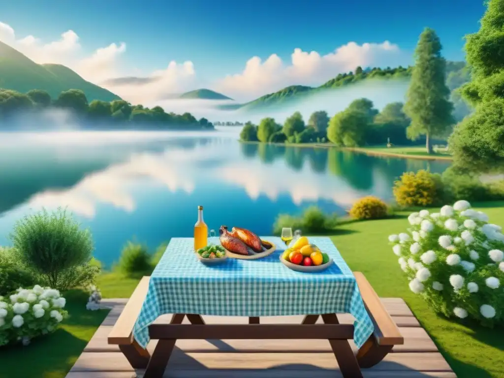 Paisaje campestre para barbacoa junto al lago Escena campestre encantadora para parrillada en el lago