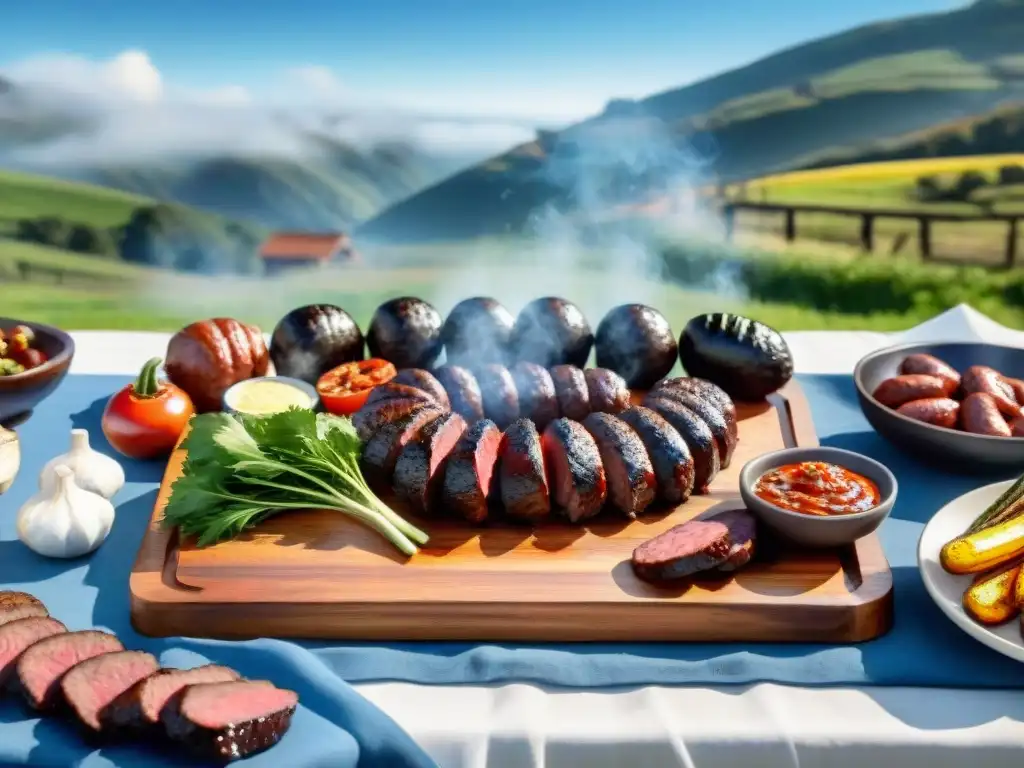 Escena campestre con mesa rústica y delicioso asado uruguayo, ideal para degustar en destinos pintorescos