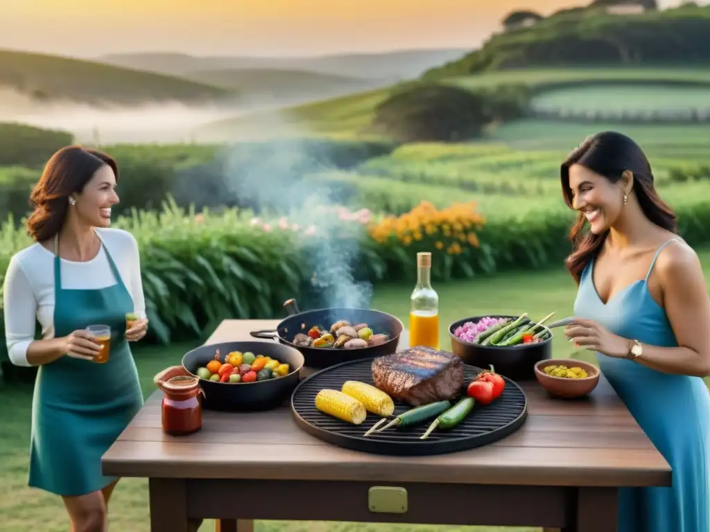 Una escena campestre en Uruguay con una parrilla al aire libre rodeada de vegetación exuberante y flores, ideal para parrilladas familiares