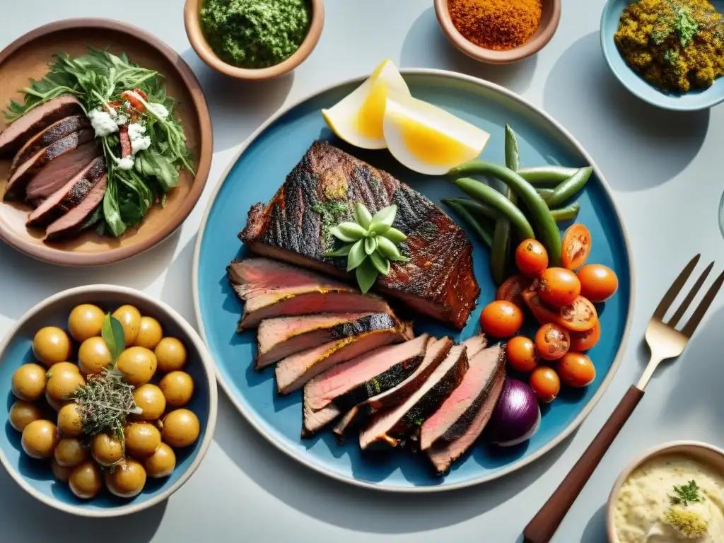 Una escena campestre soleada con un asado uruguayo y platillos mediterráneos