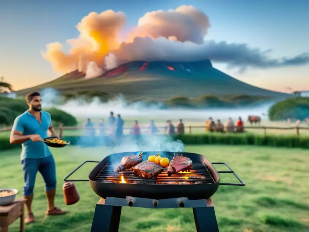 Una escena campestre uruguaya pintoresca con un asado al aire libre en progreso, destacando técnicas asado ecológico sostenible