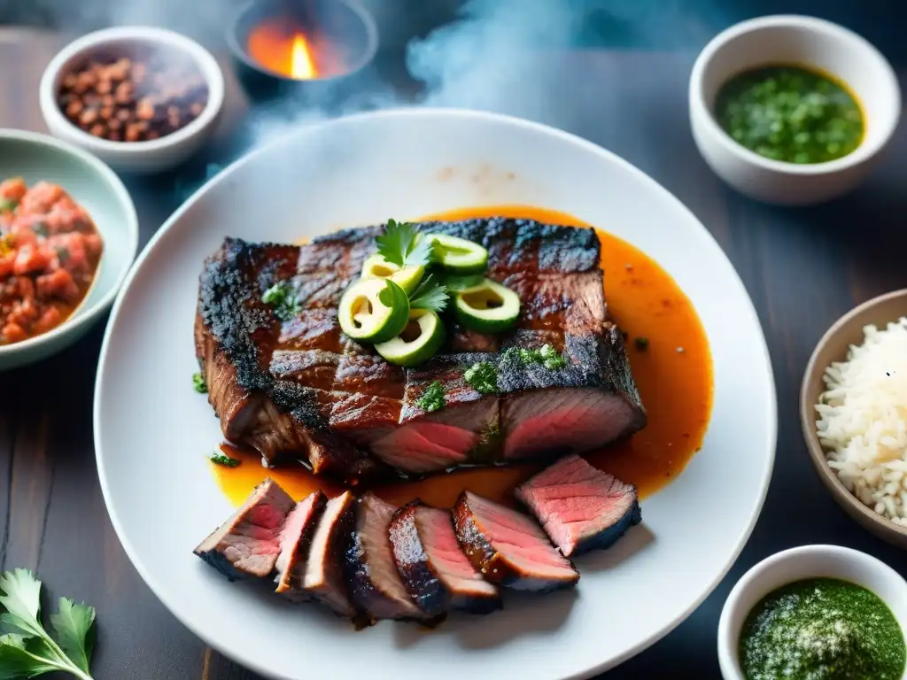 Una escena cautivadora de un asado de tira con chimichurri, exquisitamente preparado en parrilla uruguaya