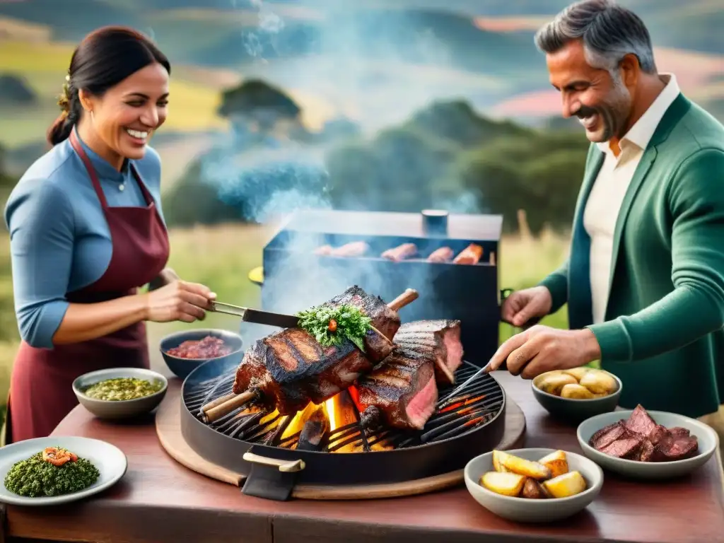 Una escena cautivadora del asado uruguayo, con amigos disfrutando de la tradición y la camaradería en el campo al atardecer