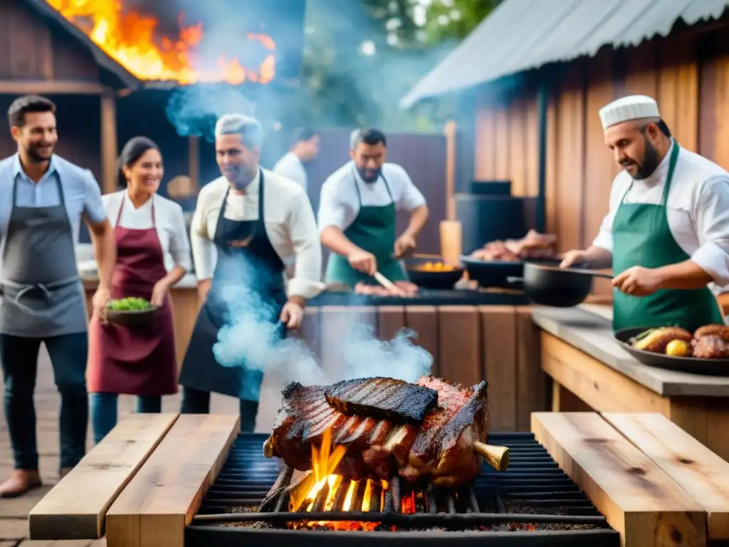 Una escena cautivadora de un asado uruguayo tradicional en pleno apogeo, con técnicas avanzadas de asado uruguayo