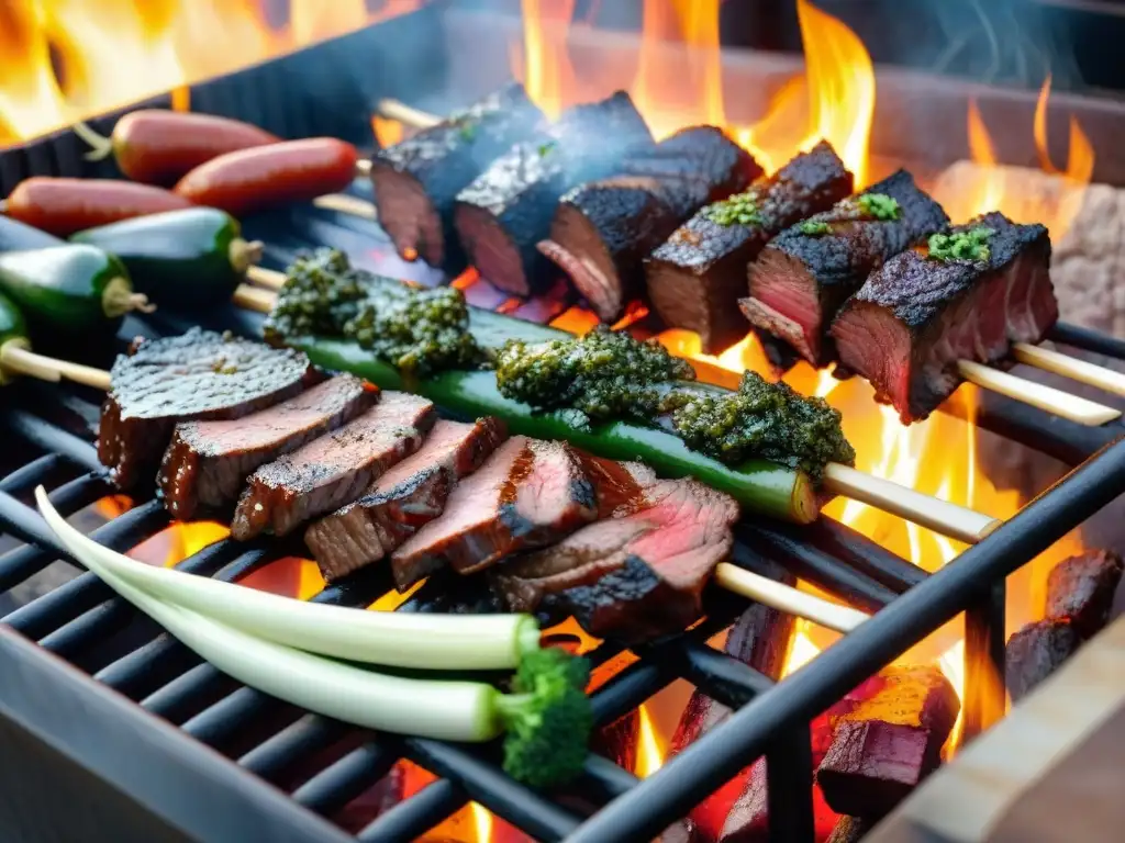 Una escena cautivadora de un asado uruguayo en una parrilla, con carnes y vegetales coloridos, bañados en chimichurri, bajo un cálido atardecer