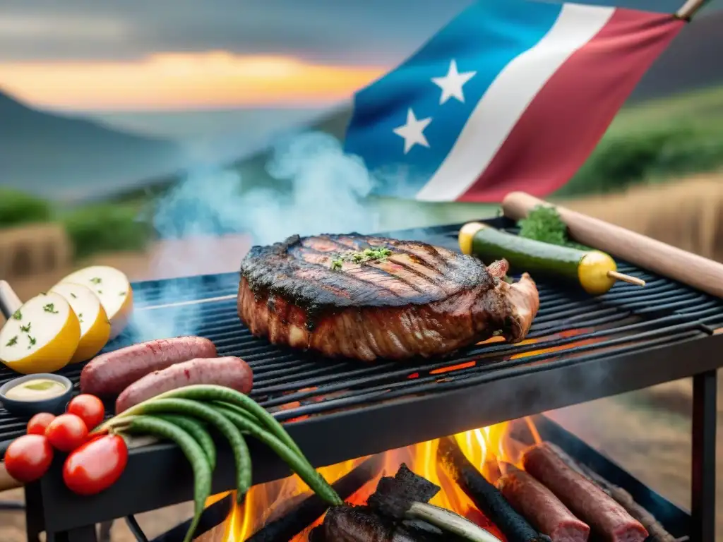 Una escena cautivadora del asado uruguayo, con gauchos y una mesa repleta de delicias, que refleja la historia y tradiciones del asado uruguayo