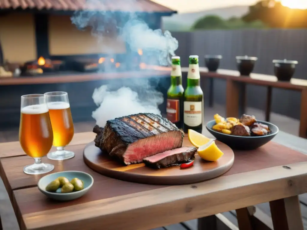 Una escena cautivadora de cervezas artesanales uruguayas en un asado, bañadas por la cálida luz dorada de la tarde