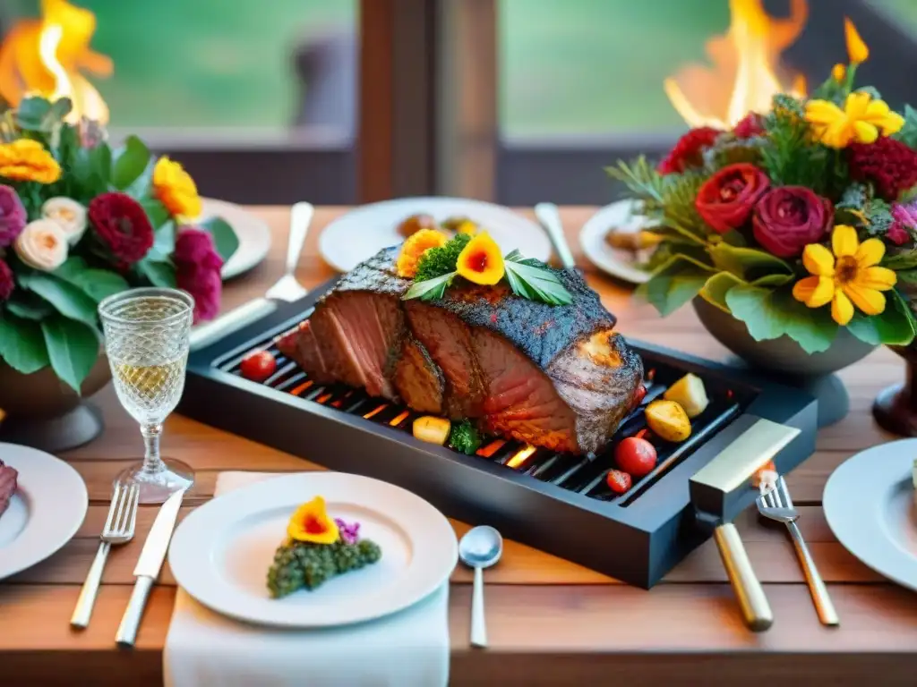 Escena cautivadora: mesa elegante para evento especial con asado uruguayo, recetas y vino Tannat