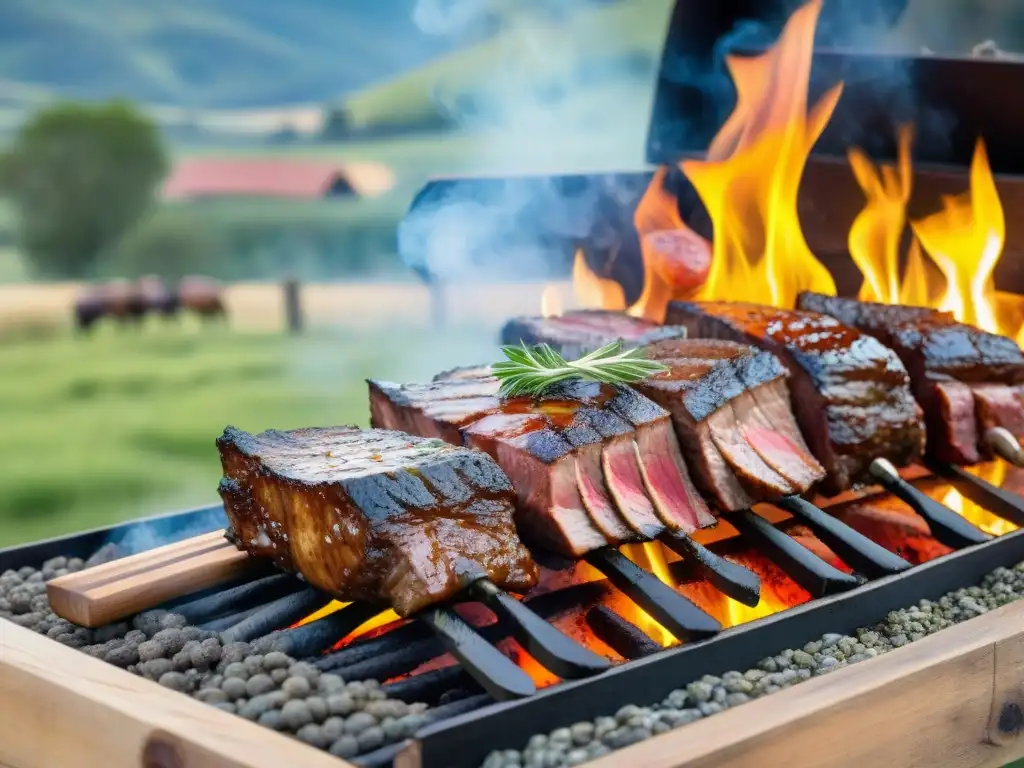 Escena cautivadora de una parrilla uruguaya con cortes de carne, chorizos y costillas, rodeada de campo verde bajo un cielo azul