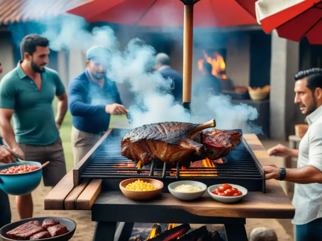 Una escena cautivadora de un tradicional asado uruguayo, con gente alrededor de una parrilla, reflejando la atmósfera vibrante de un día soleado