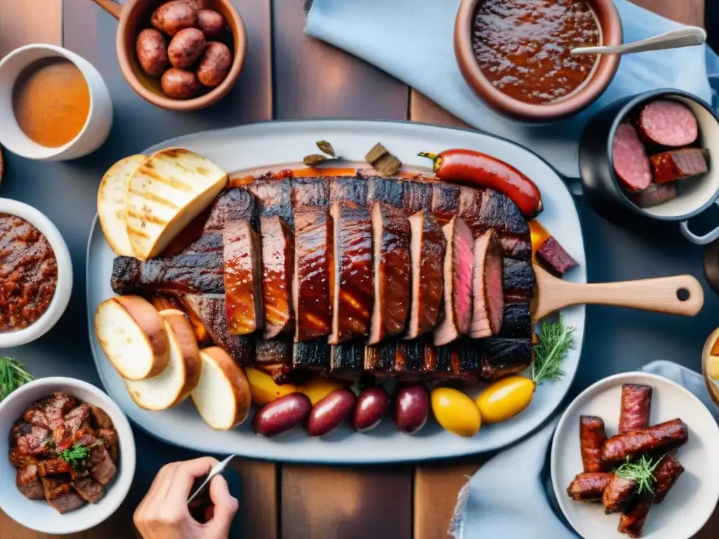 Una escena de celebración en una fotografía de asado uruguayo con amigos y familia alrededor de una mesa rústica