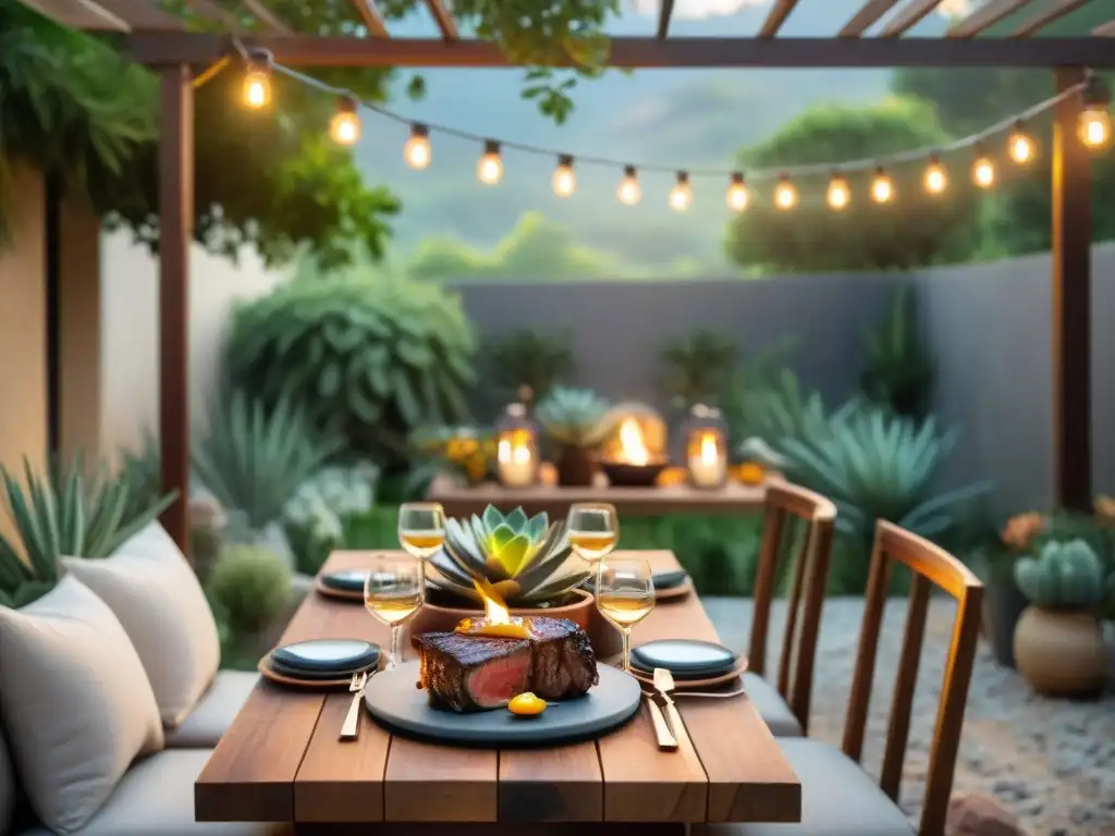 Una escena de cena al aire libre lujosa con Piedras de Sal para Asar, amigos y familia disfrutando de un ambiente festivo