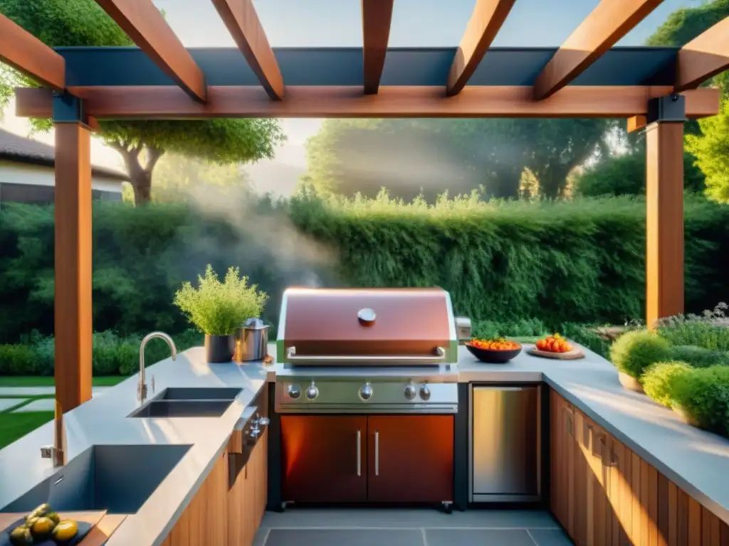 Escena de cocina al aire libre moderna y elegante con parrilla de acero inoxidable impecable y organización de accesorios para parrilladas