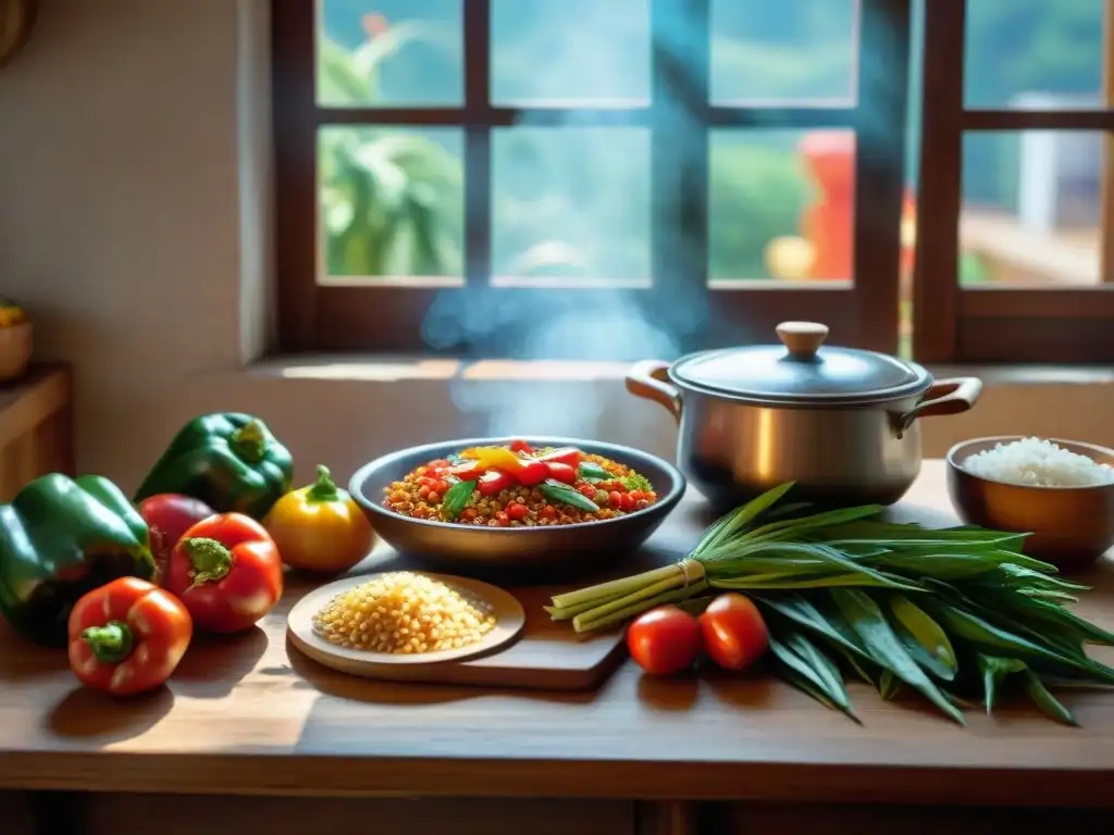 Escena de cocina uruguaya con arroz con vegetales junto a verduras frescas