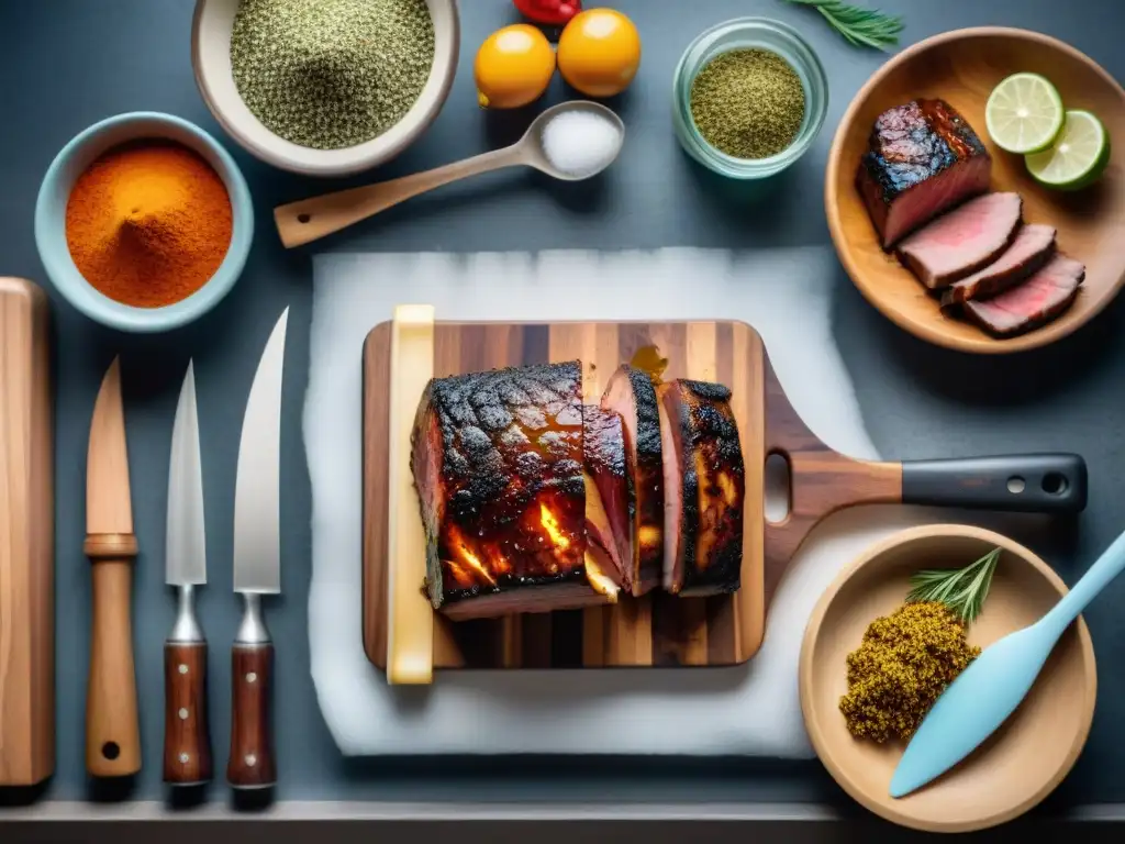 Una escena de cocina rústica con utensilios de parrilla y cortes de carne cruda listos para sazonar y cocinar