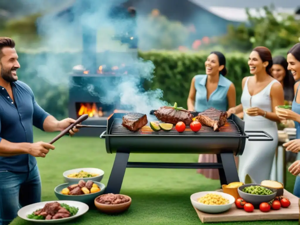 Una escena conmovedora de un asado uruguayo tradicional, mostrando la importancia cultural del asado en Uruguay