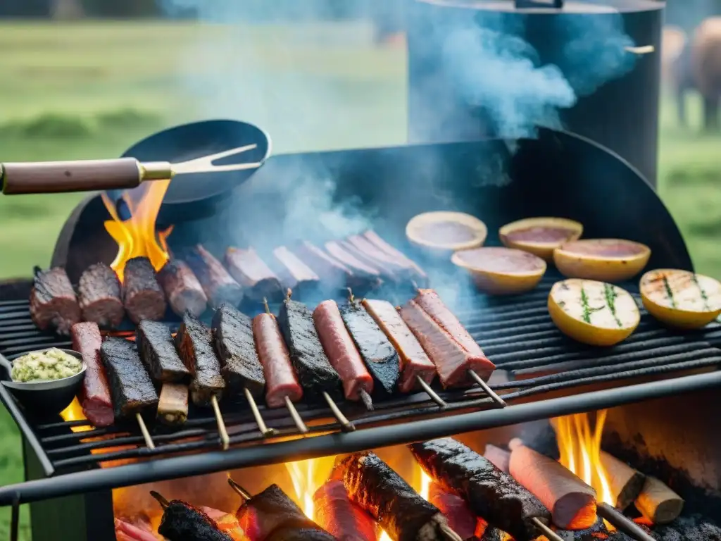 Una escena conmovedora de un tradicional asado uruguayo, resaltando la carne sostenible para asado Uruguay en un entorno natural y comunitario