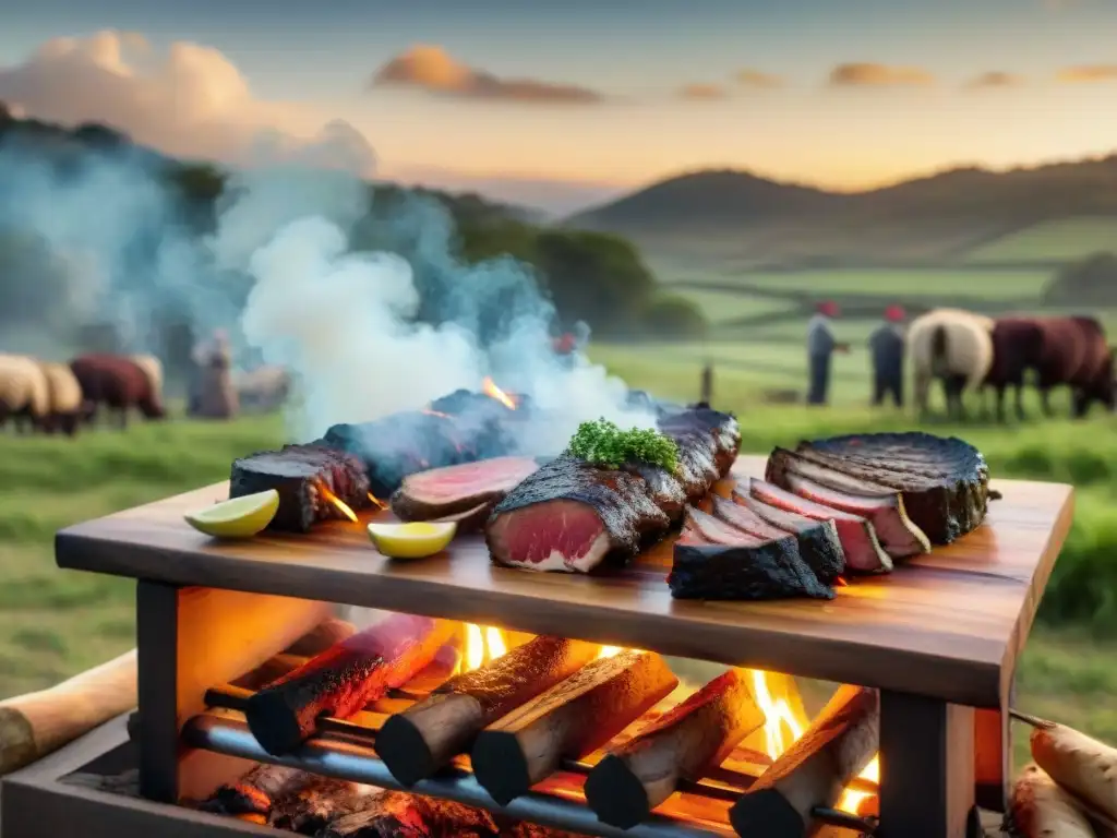 Una escena conmovedora del tradicional asado uruguayo, donde gauchos expertos preparan carne a la parrilla