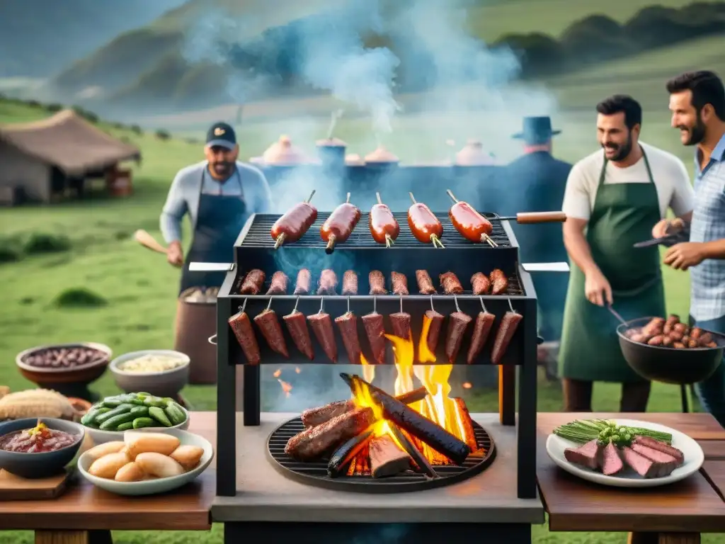 Una escena de convivencia y maestría culinaria en el ritual asado uruguayo, rodeada de amigos y familia al aire libre en el campo al atardecer