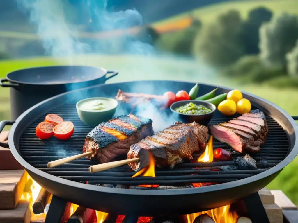 Una escena culinaria impresionante en un asado uruguayo tradicional, con cortes de carne y acompañamientos coloridos, en un entorno campestre