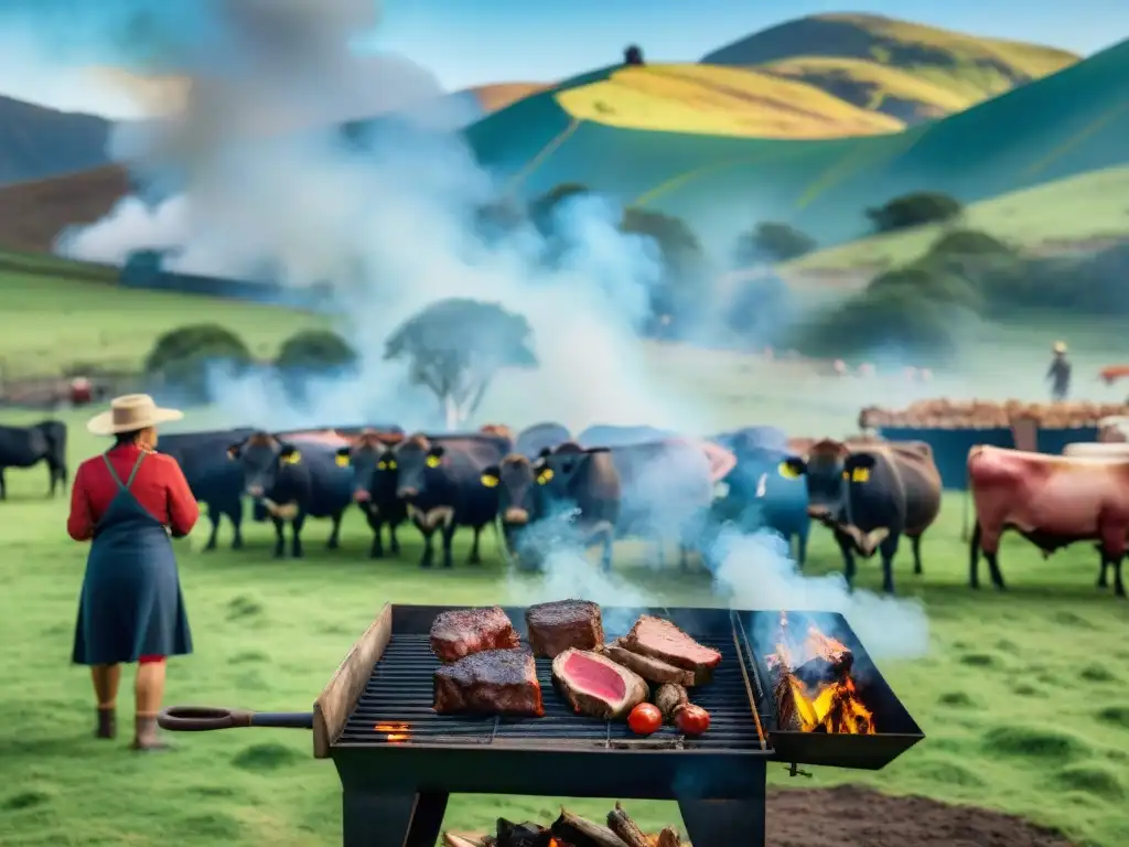 Una escena de la cultura del asado uruguayo tradicional: lugareños reúnen alrededor de la parrilla en un campo verde y cielo azul