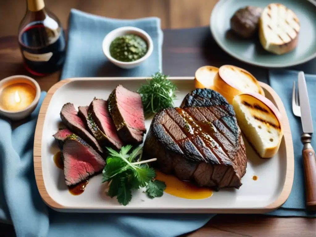 Una escena deliciosa en la tradición del asado uruguayo: mesa rústica con carne y chimichurri, vino Tannat y luz cálida