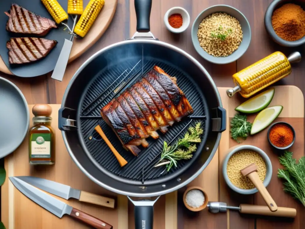 Escena detallada con accesorios de parrilla dispuestos en mesa de madera, creando un ambiente cálido y acogedor para mejorar el sabor en la parrilla