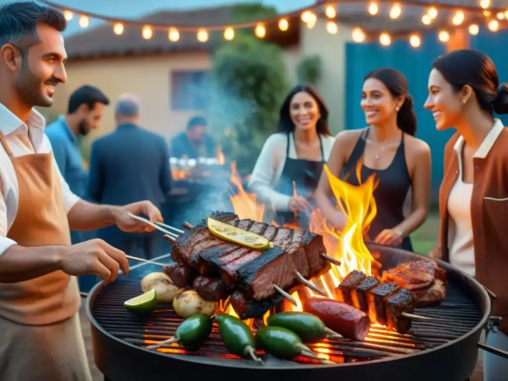 Una escena detallada de amigos en una parrilla uruguaya con carne sizzling, creando una cálida tradición del asado uruguayo