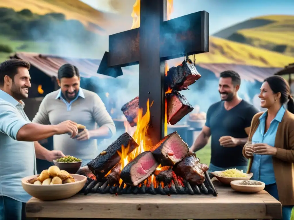 Una escena detallada de un asado al asador uruguayo tradicional en el campo, con amigos y familia alrededor de la mesa