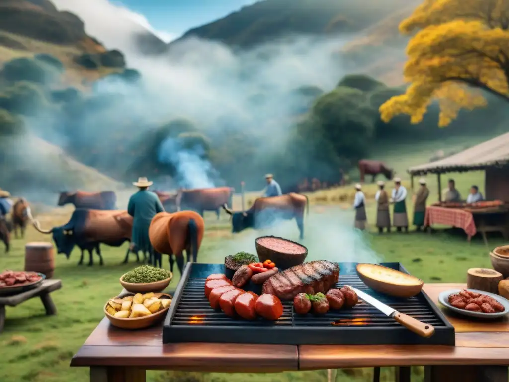 Escena detallada de un asado tradicional uruguayo en el campo durante el otoño, destacando diferencias regionales asado uruguayo