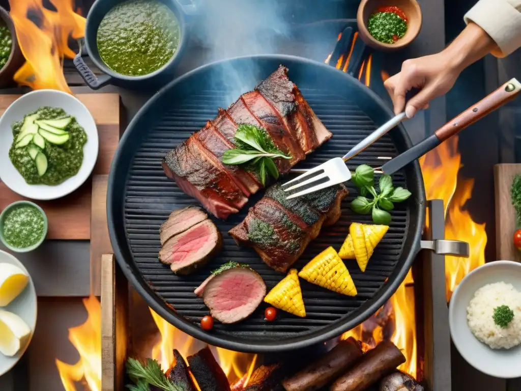 Una escena detallada de un asado tradicional uruguayo en una parrilla de leña, con cortes de carne, chimichurri y vegetales