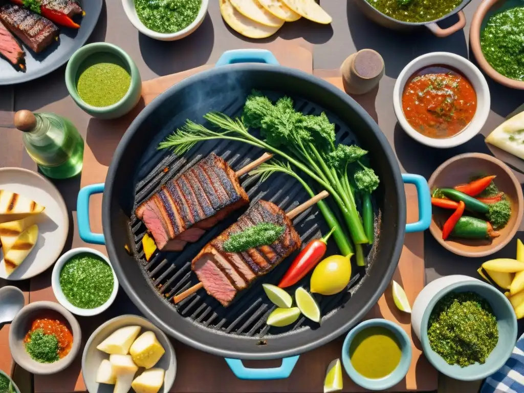 Escena detallada de un asado tradicional uruguayo con carnes en la parrilla y chimichurri, evocando calidez y sabor