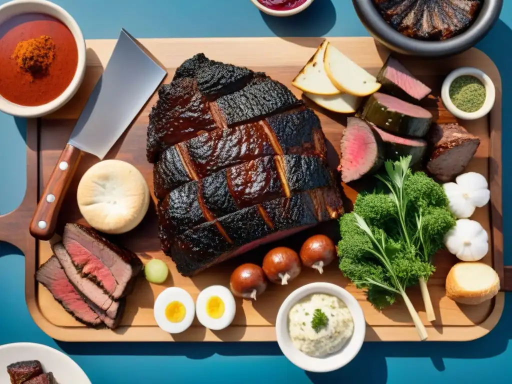 Una escena detallada de un asado tradicional uruguayo en una mesa rústica