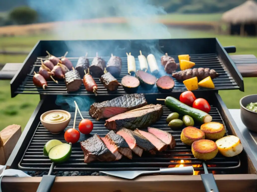 Escena detallada de un asado tradicional uruguayo con gauchos preparando carnes a la parrilla