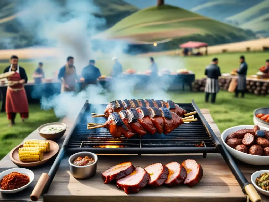 Una escena detallada de un asado tradicional uruguayo en un entorno campestre, con una parrilla llena de carnes y una familia disfrutando