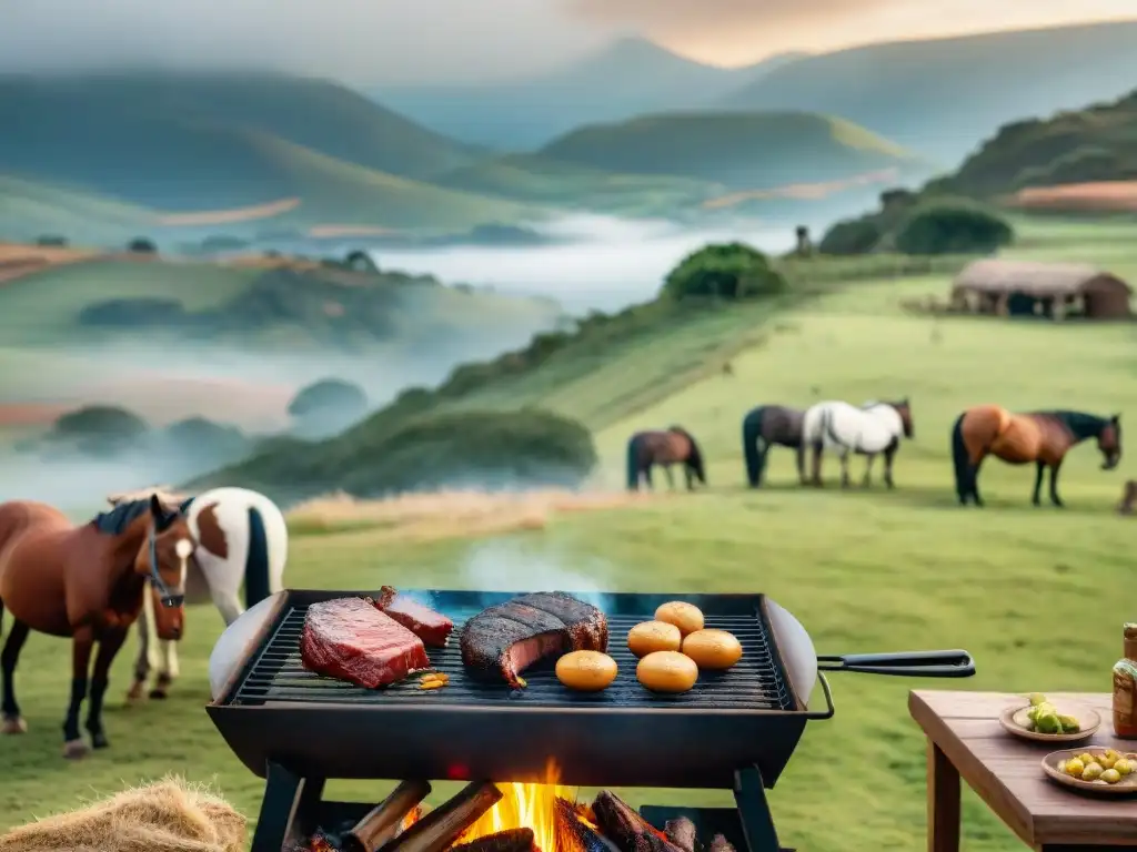 Escena detallada de un asado tradicional uruguayo en el campo, con amigos y paisaje campestre