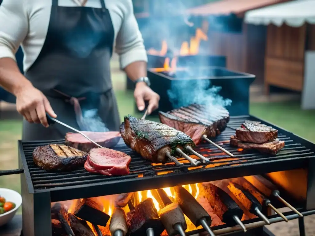 Escena detallada de un asado tradicional uruguayo en parrilla, con gauchos y chimichurri