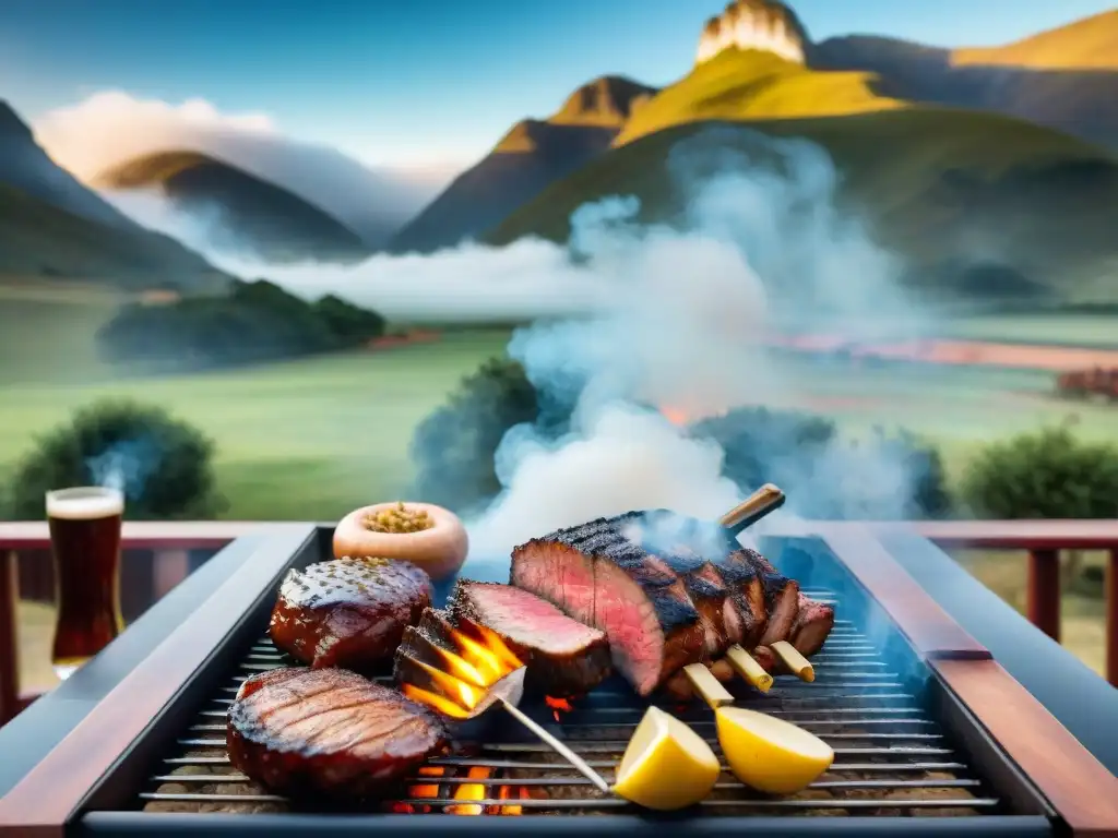 Escena detallada de un asado tradicional uruguayo con cervezas artesanales uruguayas, carne jugosa en la parrilla y paisaje campestre