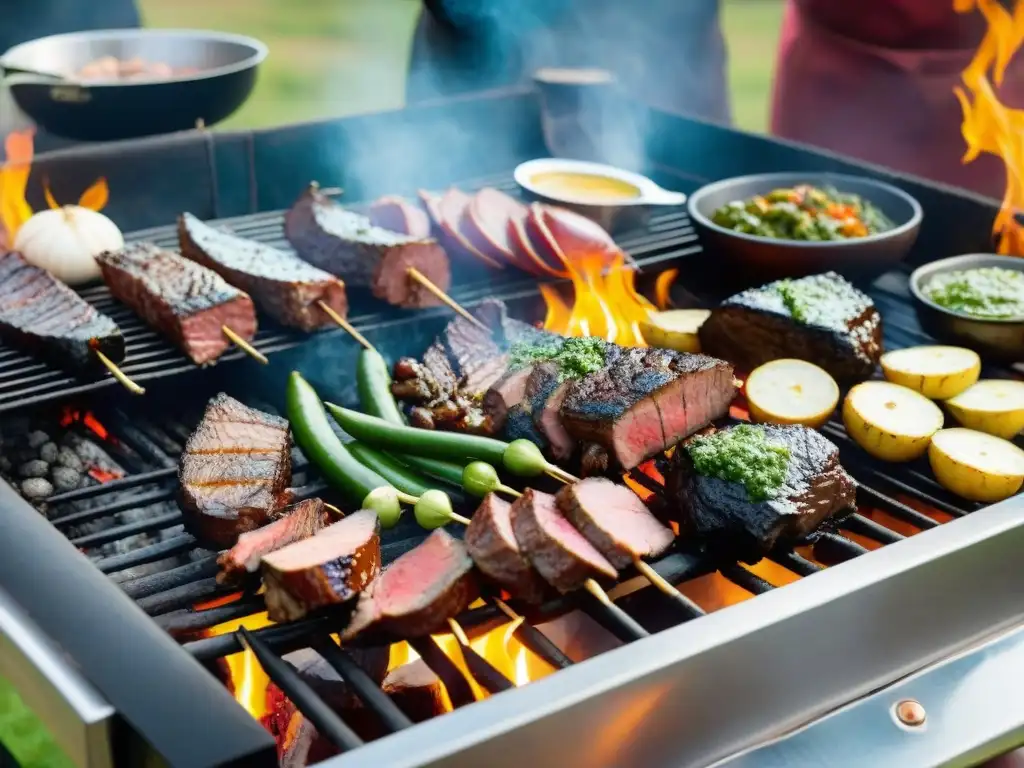 Una escena detallada de un asado tradicional uruguayo con variedad de carnes, chimichurri y verduras a la parrilla