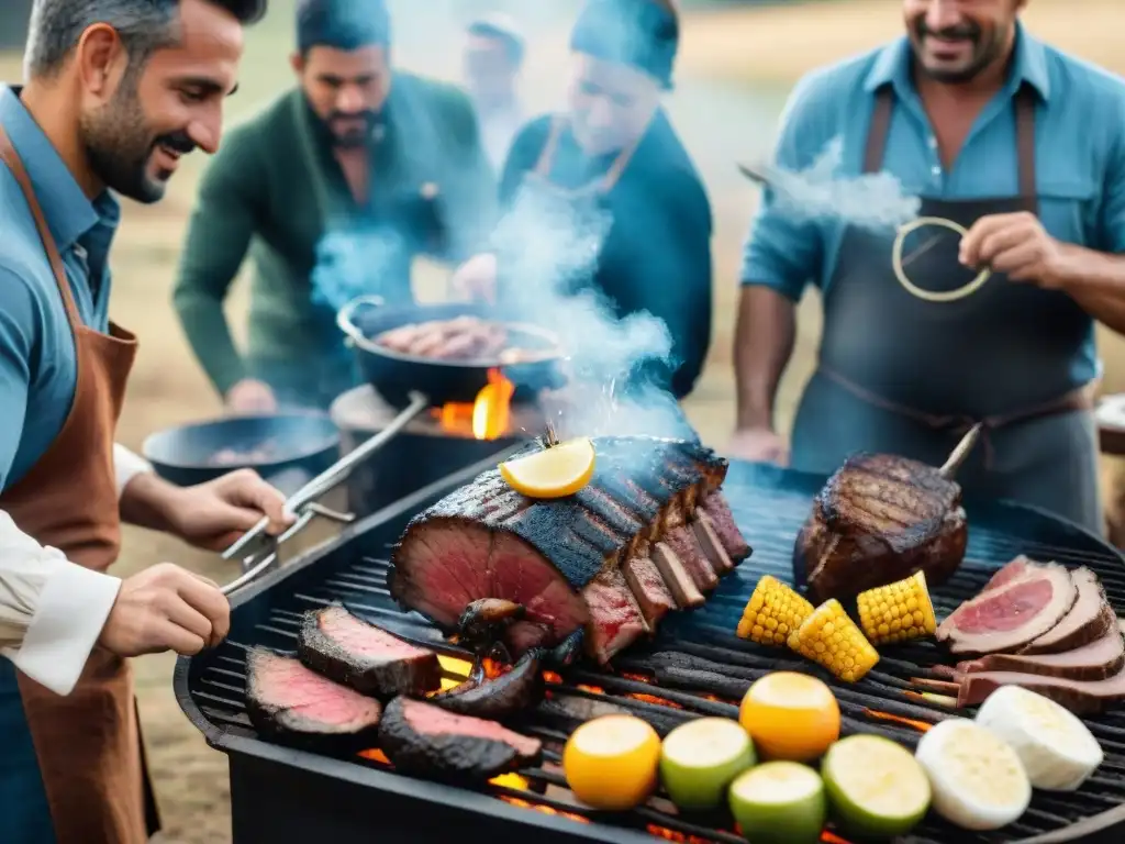 Una escena detallada de un asado tradicional uruguayo en un entorno rústico al aire libre, rodeado de amigos y familiares disfrutando de la comida, capturando la esencia de la camaradería, tradición y maestría culinaria sinónimas con la rica historia de la cultura del as