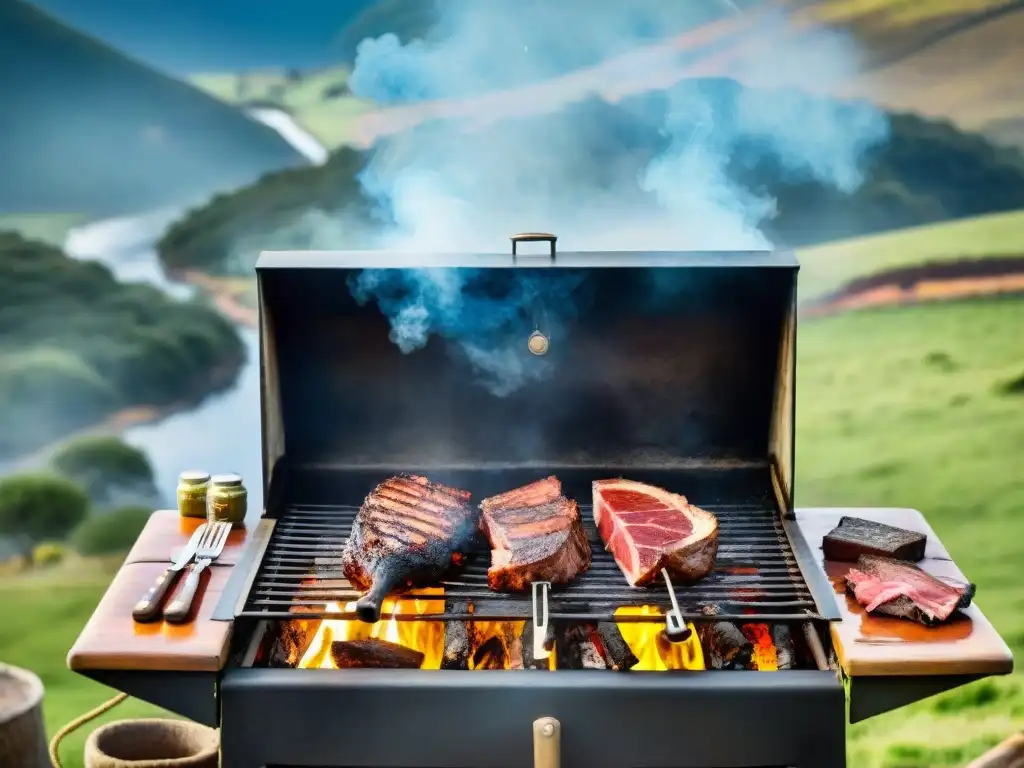 Una escena detallada de un asado tradicional uruguayo, con carnes al fuego y accesorios gauchos, evocando la historia del asado uruguayo tradicional