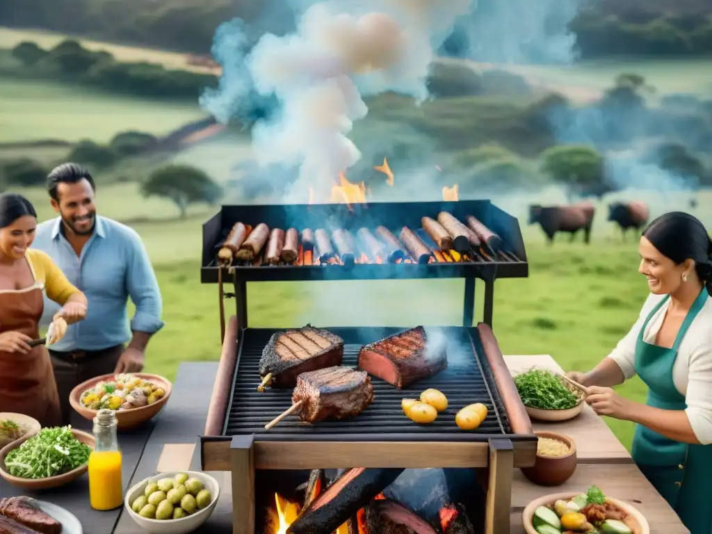 Una escena detallada de un asado tradicional uruguayo en el campo, resaltando la sostenibilidad y la tradición